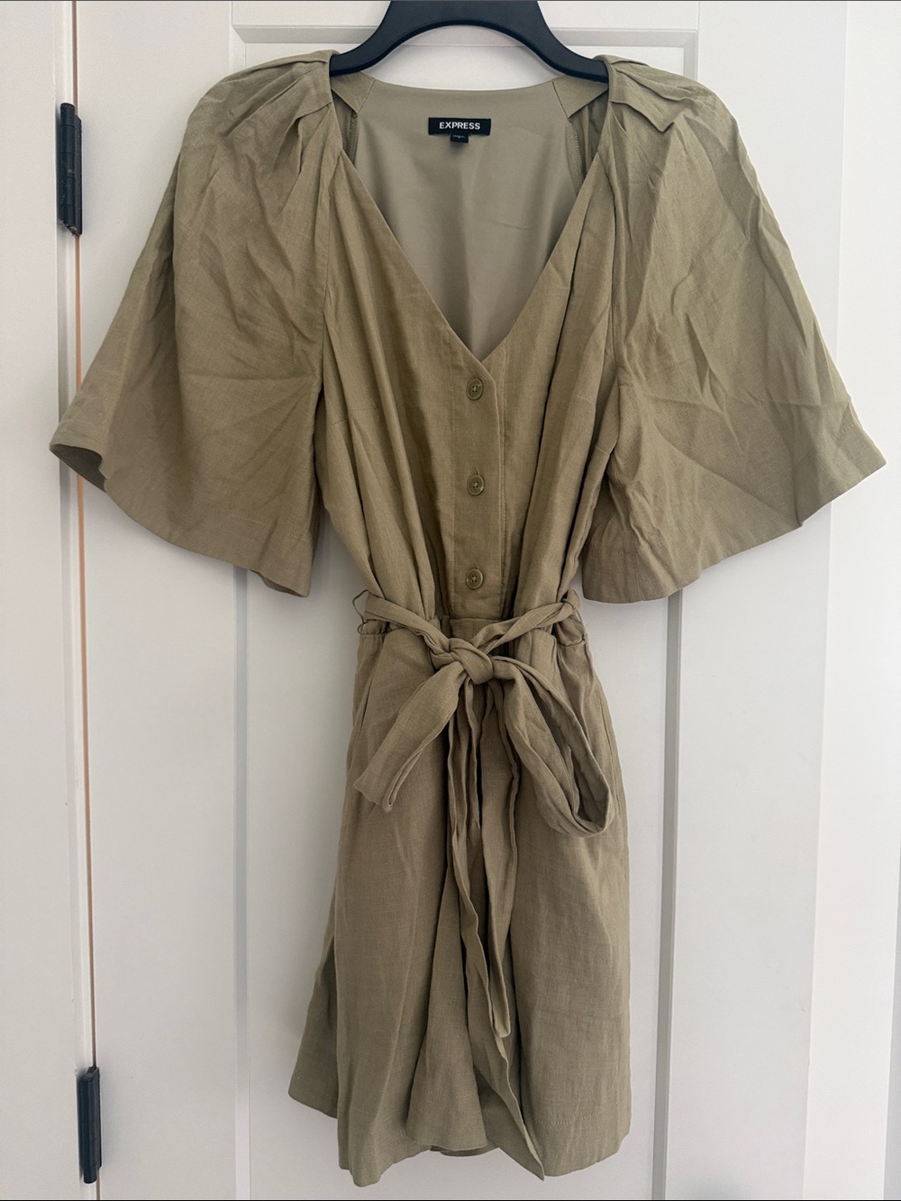 Express Olive Green Button-Front Tie-Waist Dress